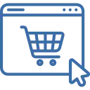 Blaues Icon eines Einkaufswagens in einem Browserfenster – Symbol für einen Online-Shop.
