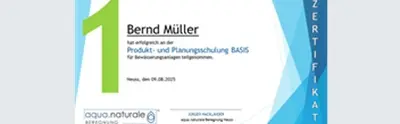Zertifikat für die erfolgreiche Teilnahme an der Produkt- und Planungsschulung BASIS für Bewässerungsanlagen.