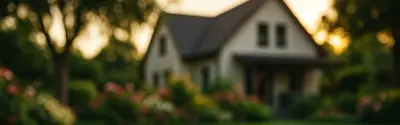 Einfamilienhaus mit Garten in einer verträumten, unscharfen Darstellung bei Sonnenuntergang. Die warme, goldene Beleuchtung und der blühende Garten im Vordergrund erzeugen eine idyllische und einladende Atmosphäre.