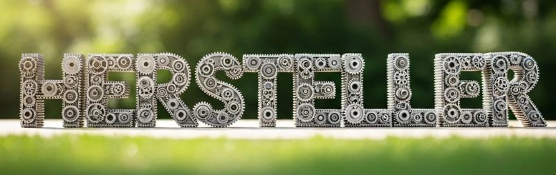 Der Schriftzug HERSTELLER, dessen Buchstaben aus komplexen, metallischen Zahnrädern und mechanischen Teilen zusammengesetzt sind.