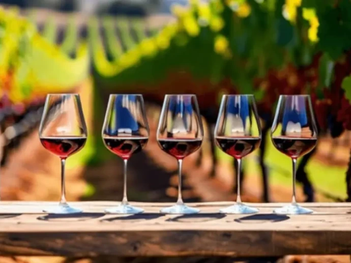 Fünf mit Wein gefüllte Gläser stehn auf einem Holzbrett vor einem Weinberg alsHintergrund