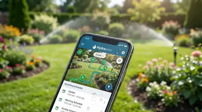 Automatisches Bewässerungssystem mit Bodenfeuchtesensor im Blumenbeet