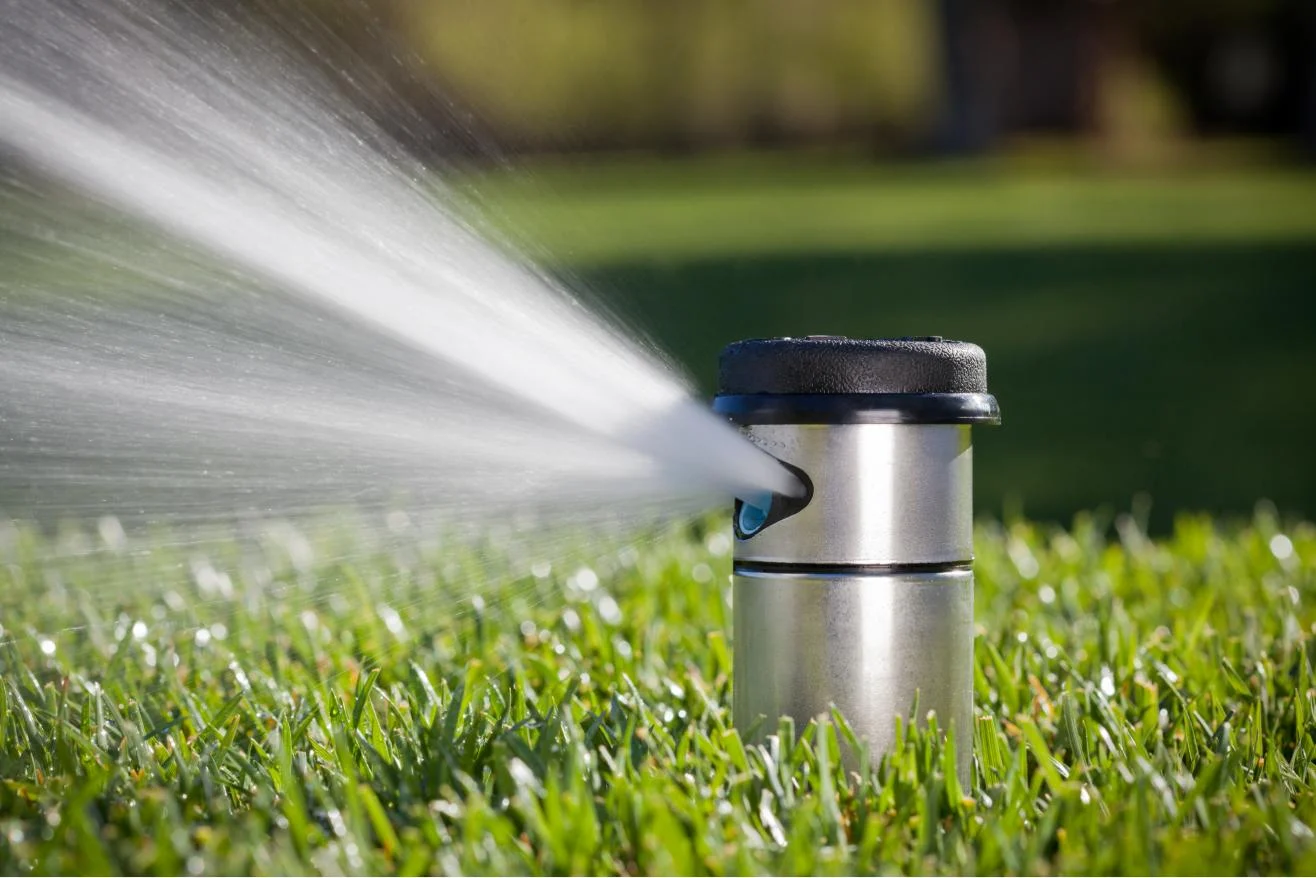 Versenkregner ausgefahren im Rasen, Wasserstrahl über die Fläche