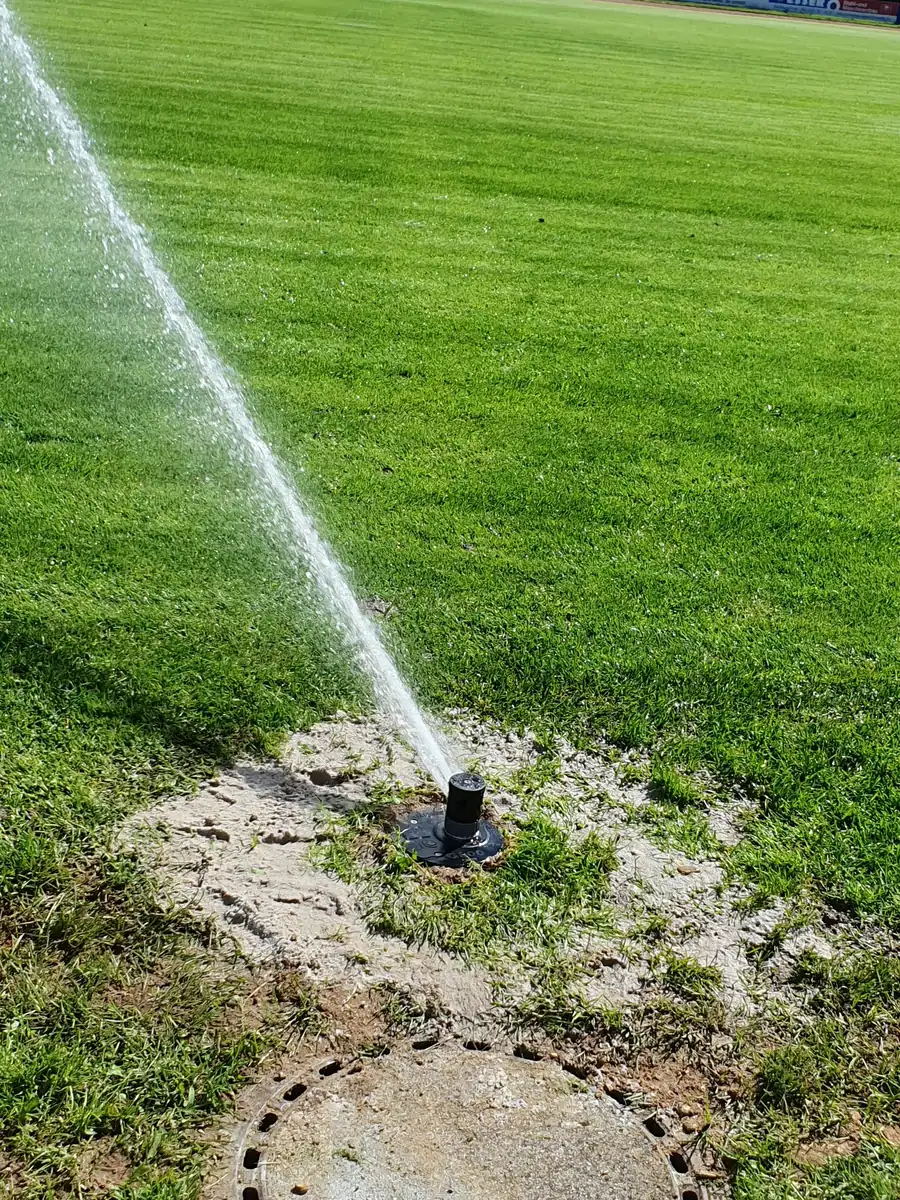 Arbeitender Regner mit weitem Wasserstrahl über der Rasenfläche