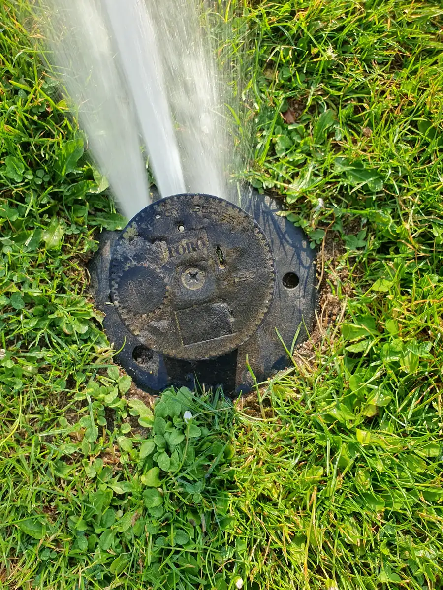 Nahaufnahme eines arbeitenden Versenkregners mit Wasserstrahl