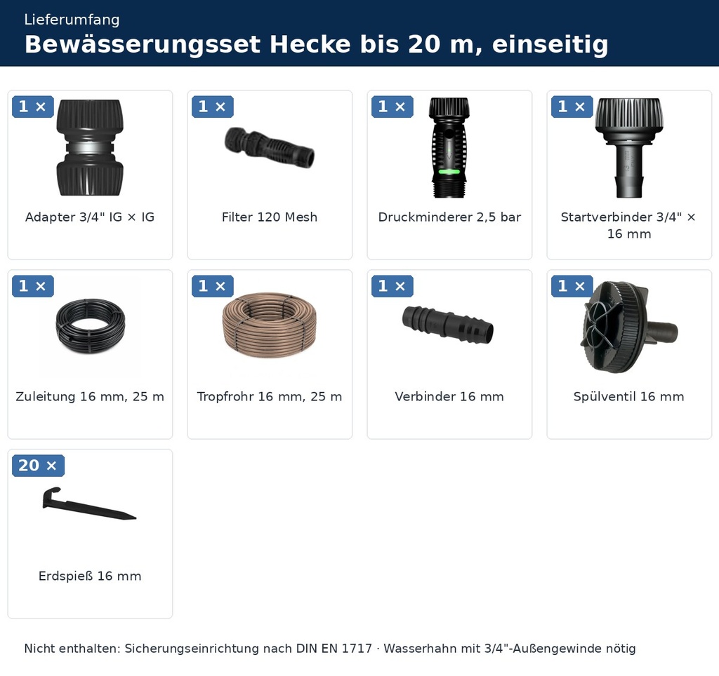 Bewässerungsset Hecke bis 20 m, einseitig – Lieferumfang mit Stückzahlen
