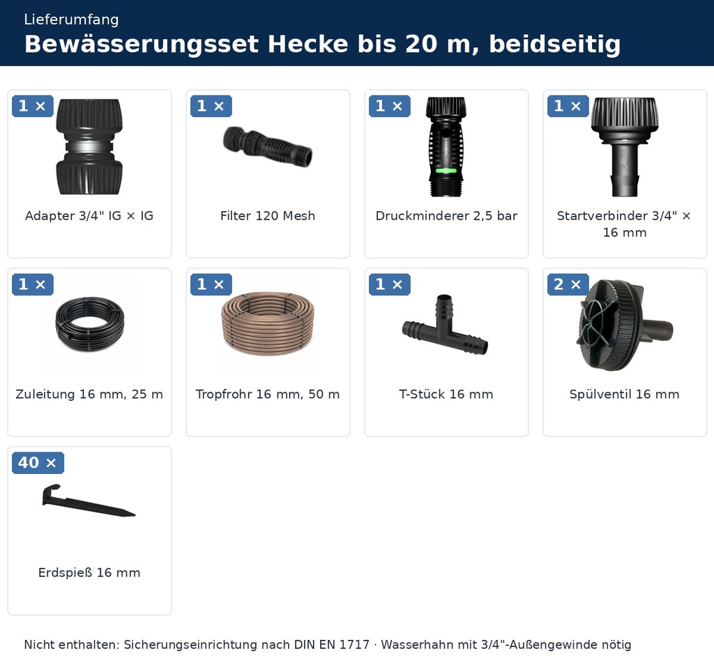 Bewässerungsset Hecke bis 20 m, beidseitig – Lieferumfang mit Stückzahlen