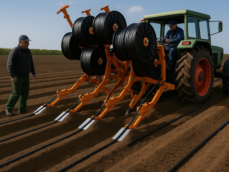 traktor-und-arbeiter-verlegen-tropfleitung-im-kartoffelfeld